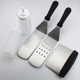 Stainless Steel Barbecue Tool Set Ergonomic Handle - 2 Perforated Flat Spatula, Turner, Scraper, 2 Squirt Bottles - Grilling, Camping, Outdoor Co